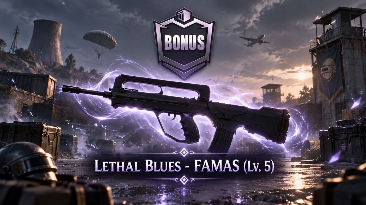Скин Lethal Blues FAMAS Lv.5 из Bonus Pass A22 в PUBG MOBILE с фиолетовыми эффектами